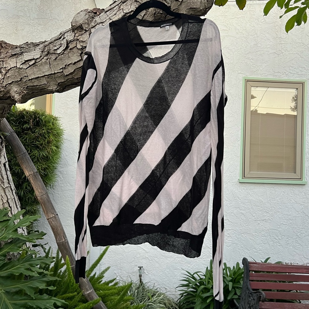 Vtg Ann Demeulemeester Oversized Asymmetrical Striped Knit Sweater | B&W | XL